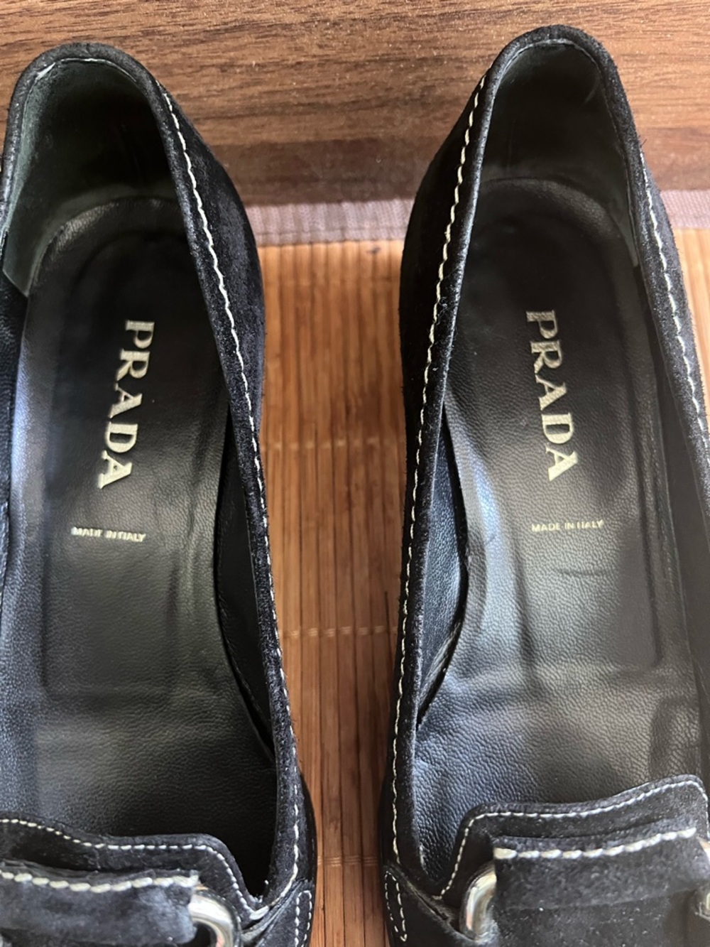 Prada Black Suede Loafers With Silver Tone Buckle Contrast Stitching Sz 36 Italy - Picture 4 of 16